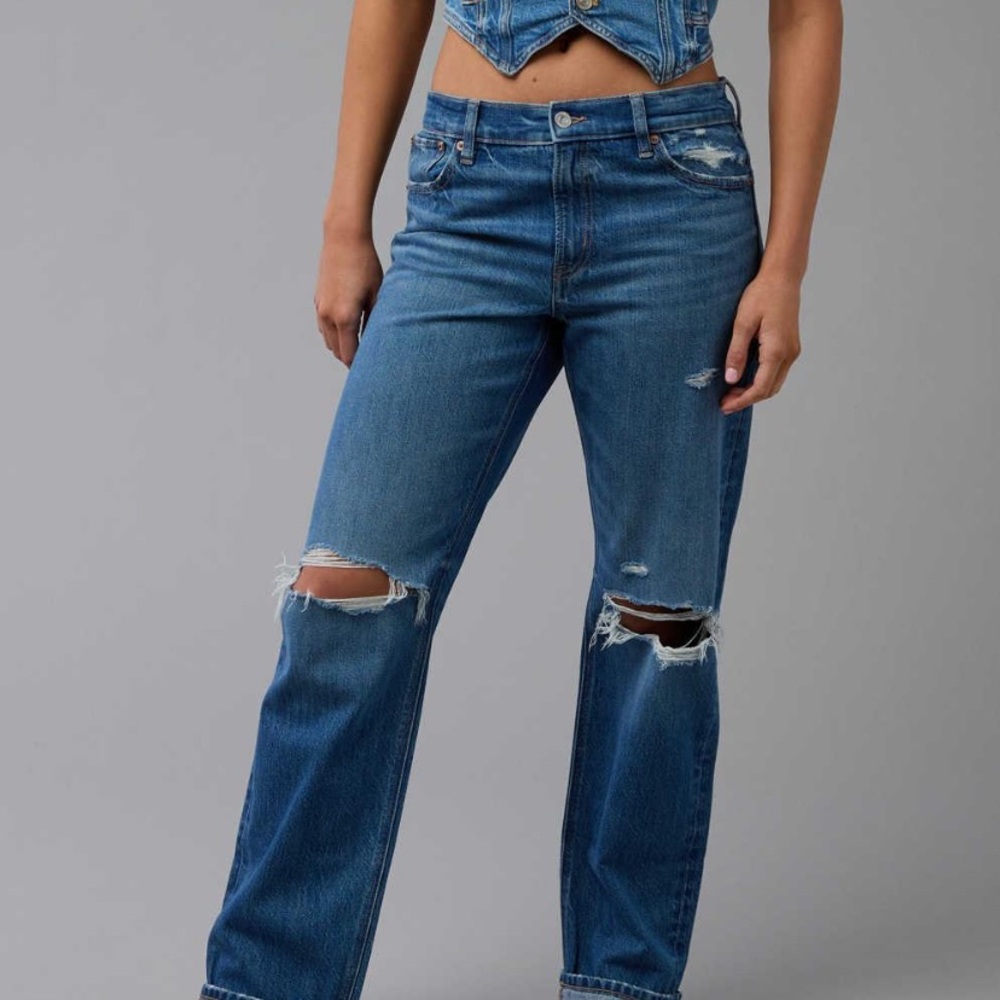 American Eagle Outfitters Blue Boot Cut Jeans with Distressed Details